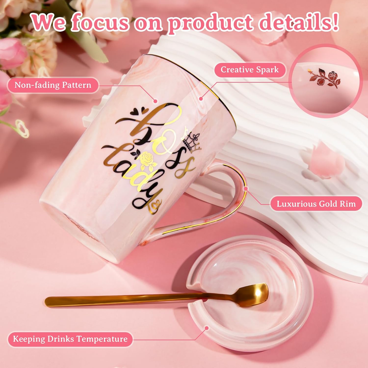 Biching Boss Lady Gifts for Women - Unique Birthday Gift for Women, Friend, Coworkers, Colleagues, Boss Female - Appreciation Mothers Day Gifts - 14Oz Marble Ceramic Coffee Mug Pink - Image 5