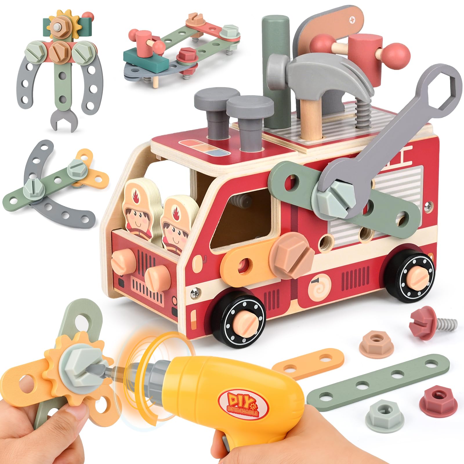 Vanplay Juguetes Niños 3 Años Herramientas Juguete, Juguetes de Madera 47Piezas con Taladro Eléctrico Cumpleaños Regalo Juego Educativo para Niños Niñas 3 4 5 Años