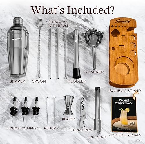 Miniatura 38 de KITESSENSU Juego de coctelera de camarero, juego de barra plateada de 6 piezas con soporte, kit de barra con herramientas esenciales para accesorios