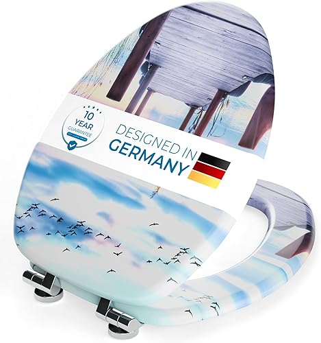 Miniatura 8 de SANILO Asiento de inodoro de madera con cierre suave [alargado] – Asiento de madera moldeada decorativo, silencioso y de cierre lento – Con fuertes