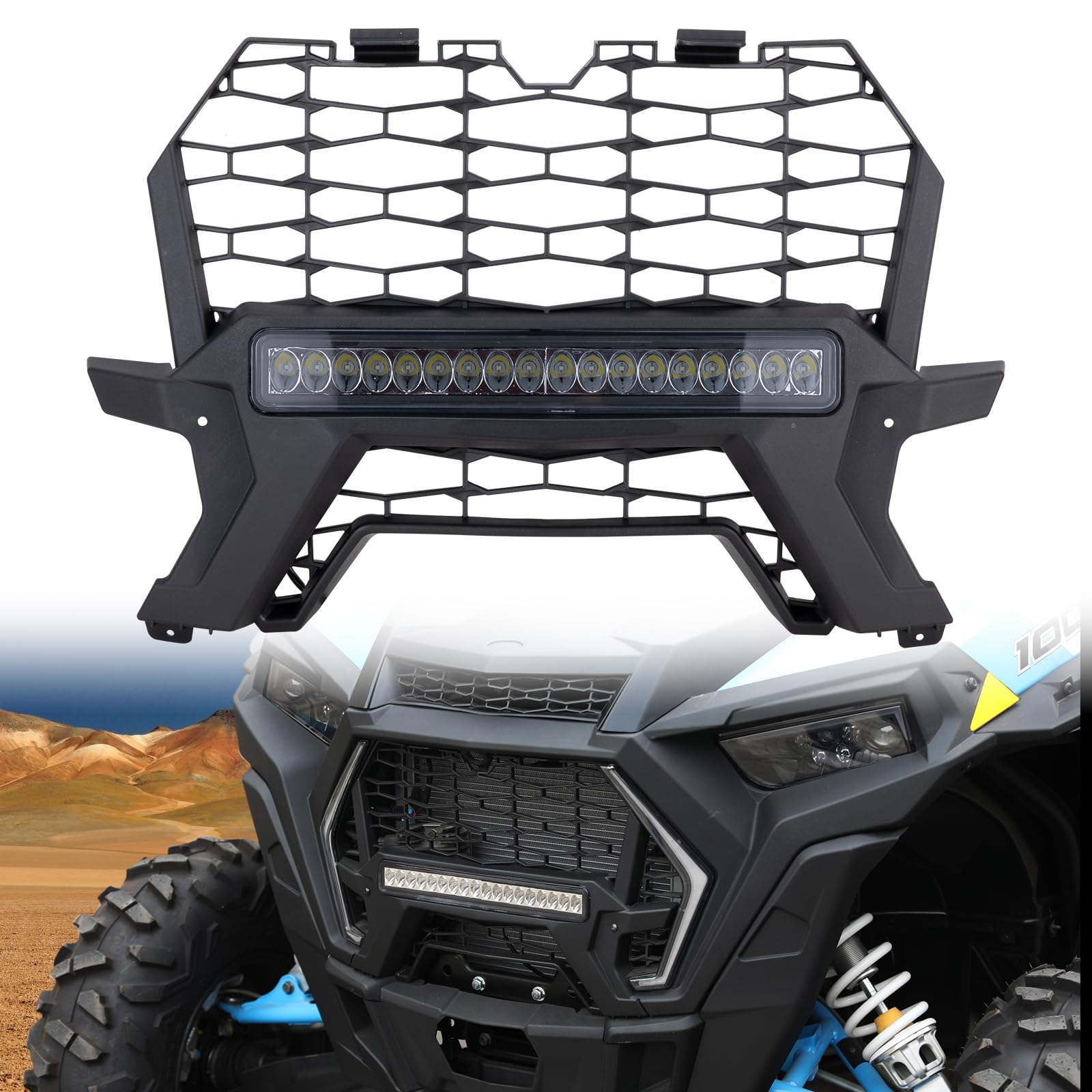 A & UTV PROFront Grille with Light for 2019-2023 2024 RZR 1000 XP Accessories, Waterproof Fascia Mesh Grill LED Light for Polaris RZR XP Turbo/Trail S 900/1000 2019-2024, Replace #5455433-070, Black
