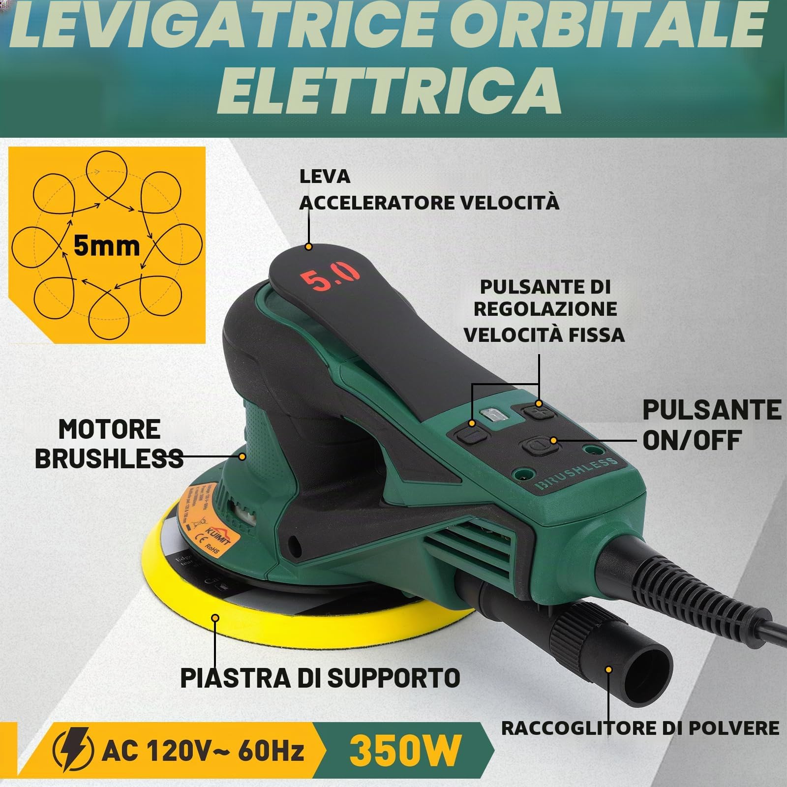 Levigatrice Orbitale Random, Potenza Senza Spazzole da 350W con Plateau Duali da 125/150mm, Velocità Variabile 4000-10.000 RPM, Bestia Senza Polvere per Lavori su Legno, Pavimenti, Auto