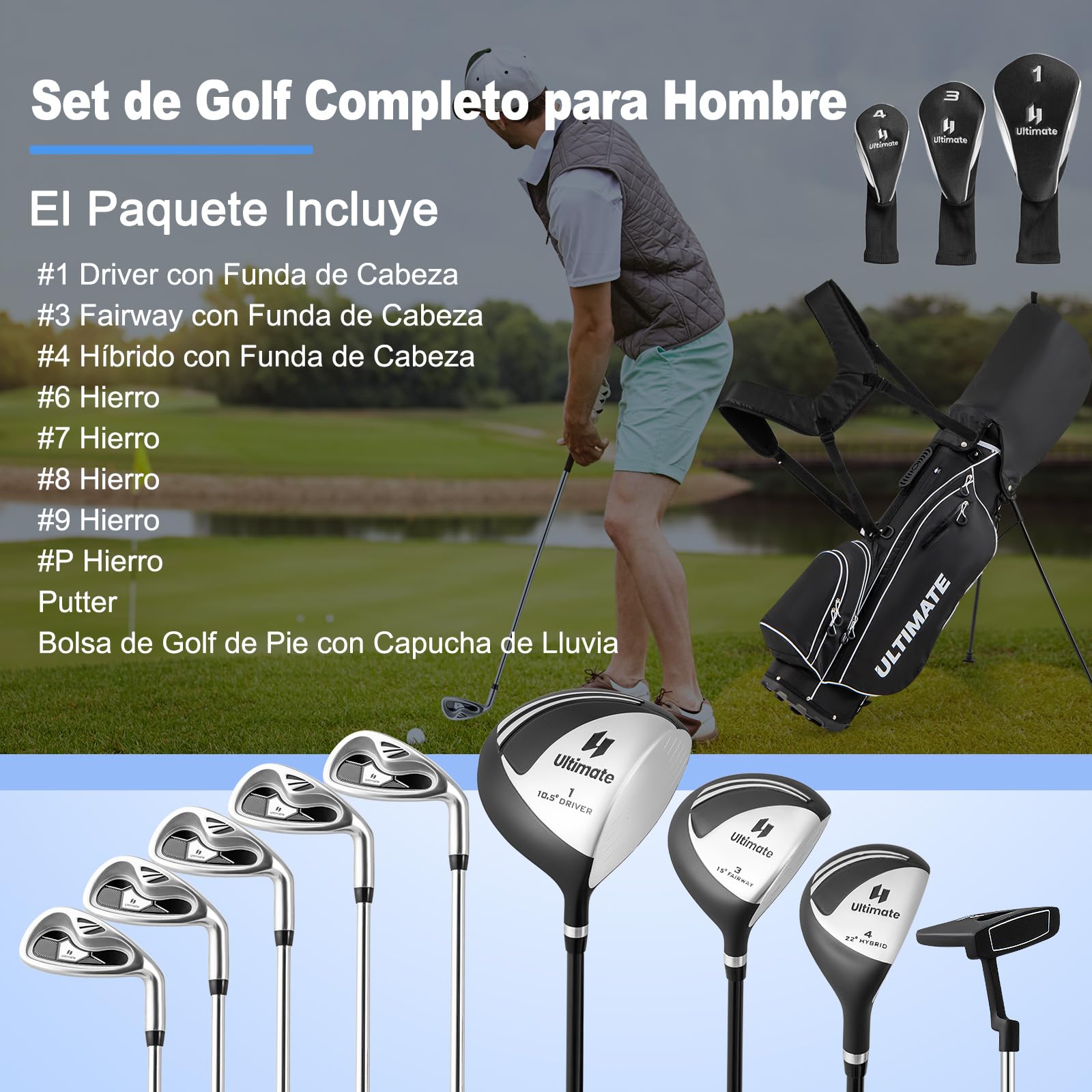 GYMAX Juego Completo de Palos de Golf para Hombre, Juego de Golf con Bolsa de Soporte, Bolsa trípode con 7 Compartimentos, Putter, 3 Maderas: Driver#1, Fairway#3, Hybrid#4, 5 Hierros