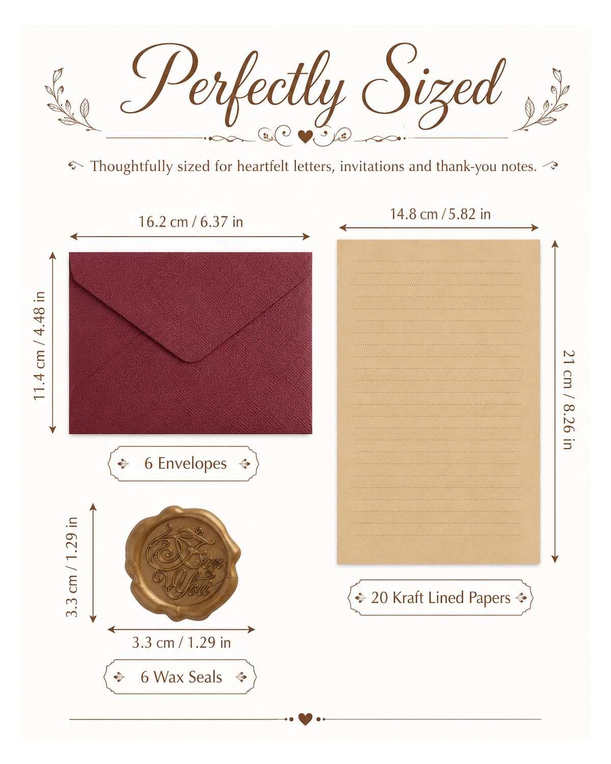 Set Carta da Lettere Vintage 32 Pezzi: 6 Buste & 20 Fogli A5 Kraft Rigati, 6 Sigilli Ceralacca per Inviti Matrimonio