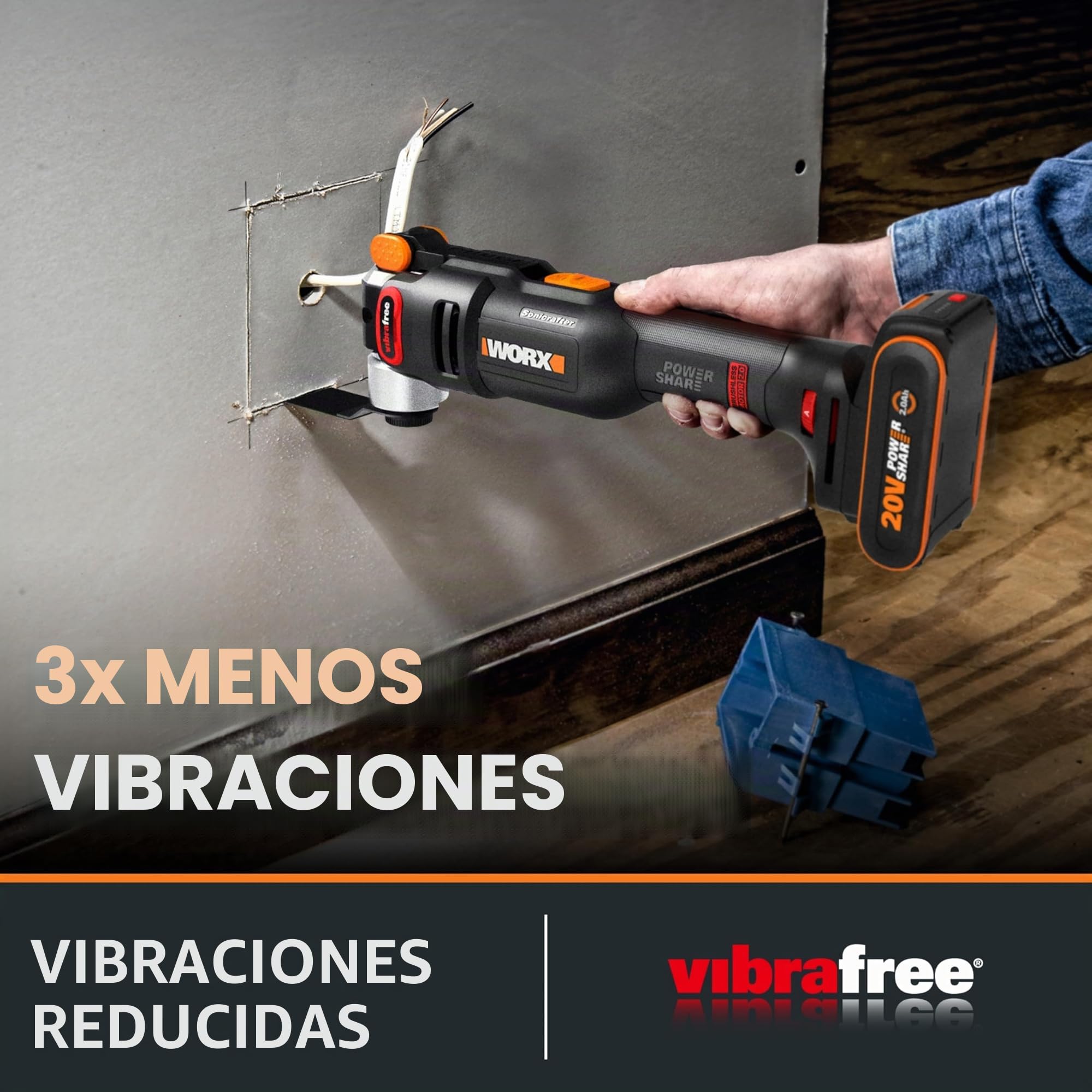 WORX - Herramienta multifunción inalámbrica sin escobillas de 20 V, WX698, multimaterial, fijación universal, viene con 2 cuchillas, 1 almohadilla de lijado, 20 papeles abrafis, 1 batería de 2 Ah y