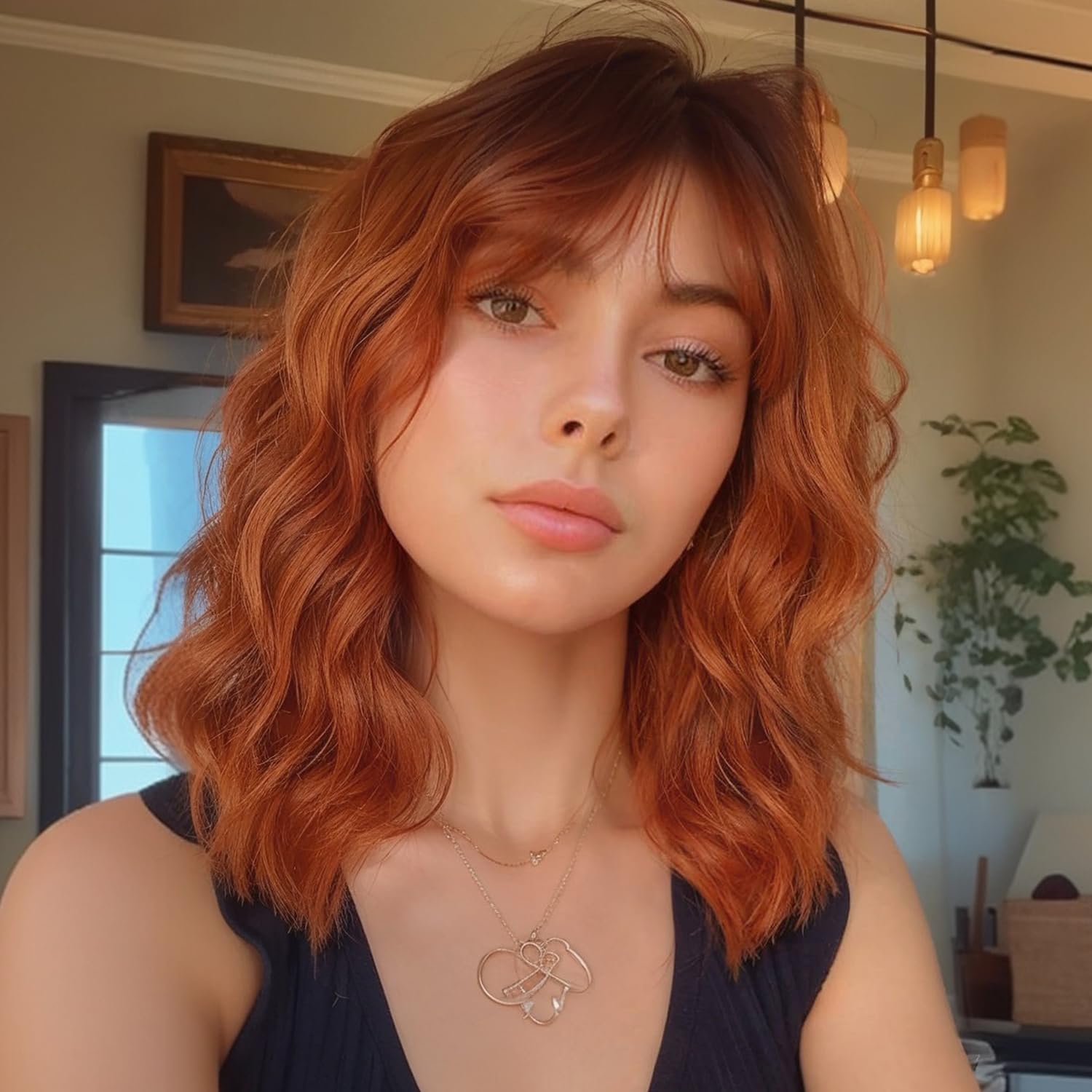 Auburn Wig with Bang for Women Orange Short Wavy Bob Wigs Ombre Auburn Curly Wavy Wig Copper Wigs with Dark Root Synthetic Natural Looking Heat