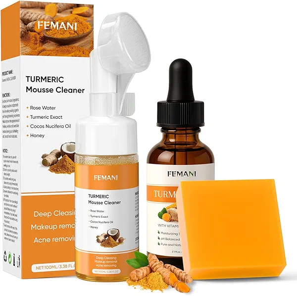 Turmeric Face Wash Set, Turmeric Facial Cleanser& Soap Bar & Oil for Face & Body Suit to All Skin Type, Protect Sensitive Skin Remove Spots Tone-evening