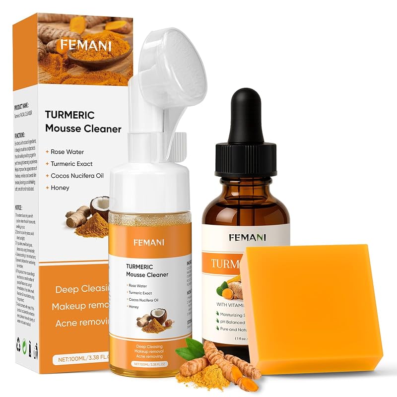 Kit facial com cúrcuma, sabonete em barra, limpador facial e óleo