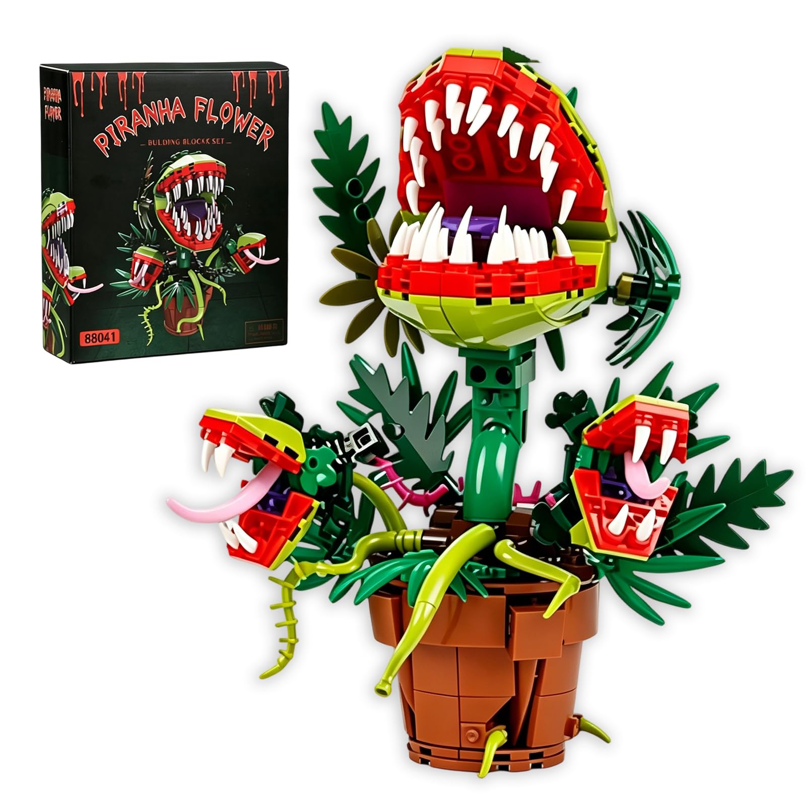 3-Head Piranha Plant Building Set - 460+PCS Horror Plant Potted Bonsai Building Bricks Kit, Chomper Potted Blocks, Plant Zombie Game-Inspired Model Toy, Creative Gift for Game Fans Adults Teen โ image 1