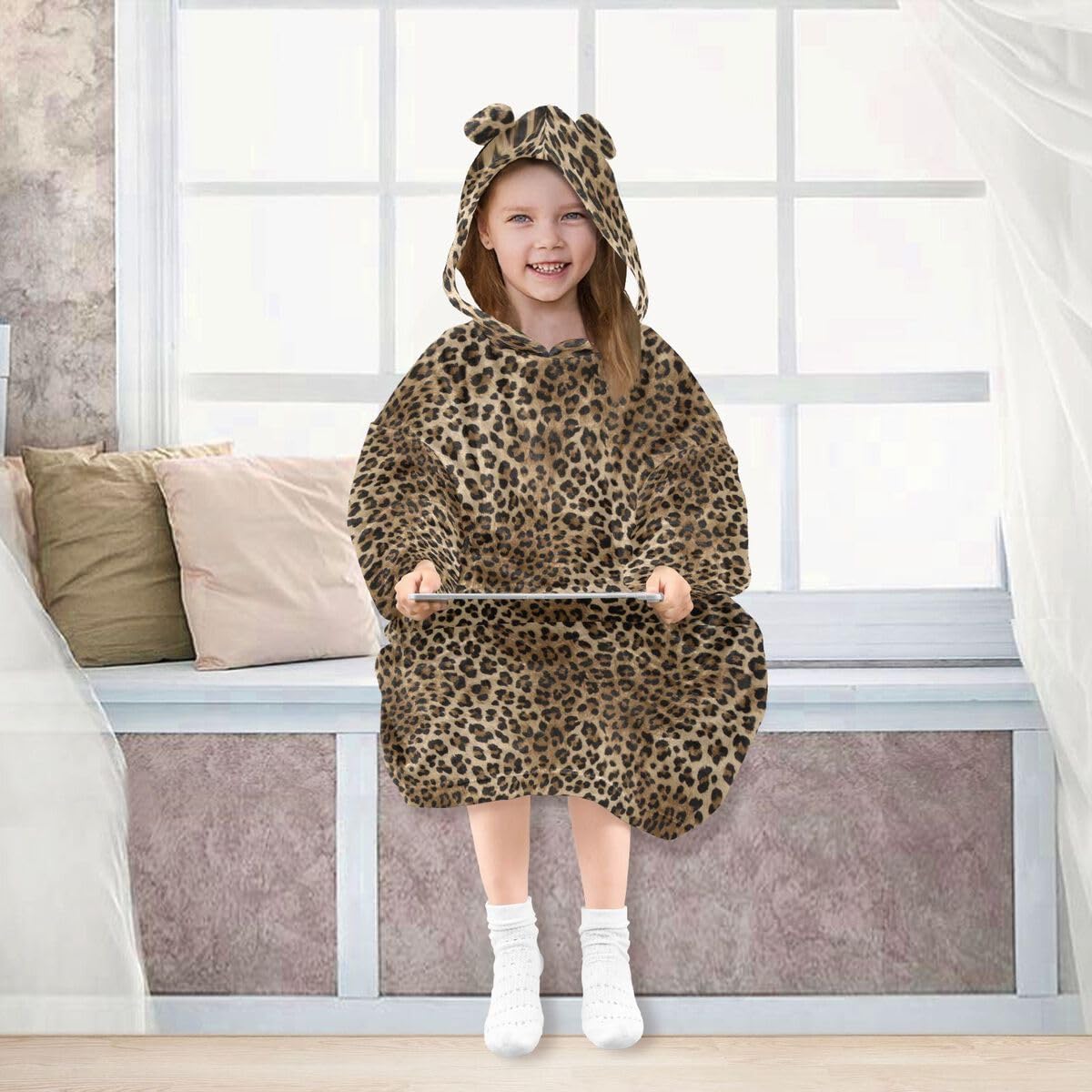 Leopard Skin Dziecięcy koc do noszenia z kapturem, oversize, bluza z kapturem, sweter, skóra zwierzęca, dla chłopców i dziewcząt w wieku 3-14 lat