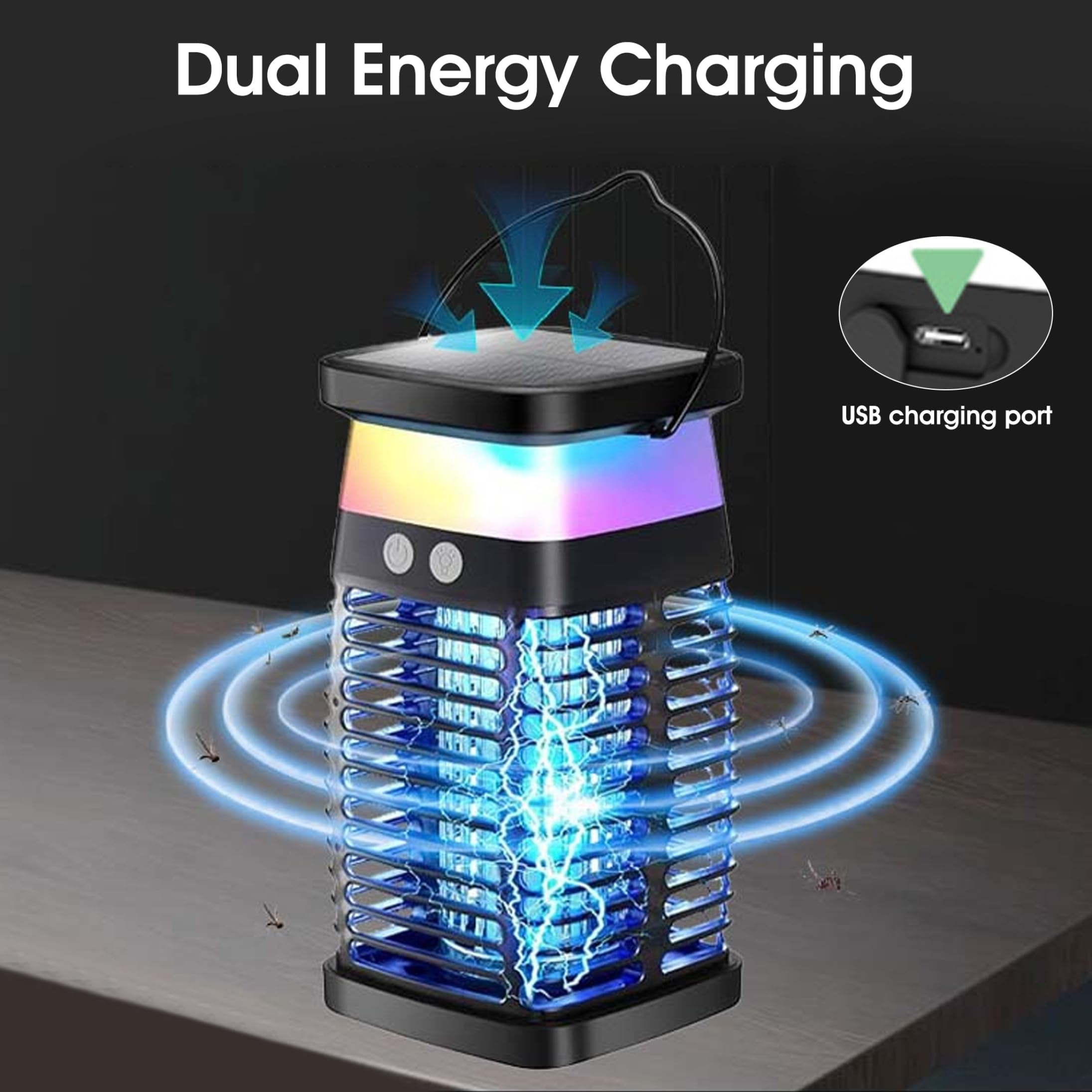 Lampada antizanzare Trappola per Mosche USB ad energia Solare con Luce UV e Luce Ambientale per Interni ed Esterni, Modello 1