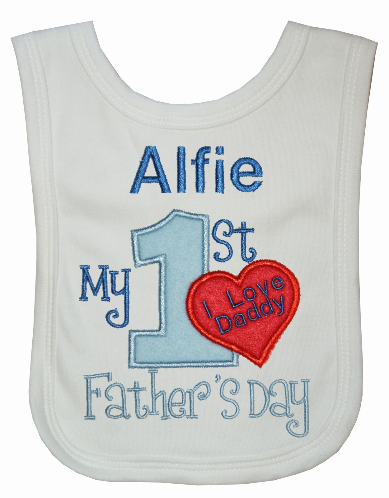 Boys 1st Fathers Day I Love Daddy Personalised Bib Handmade in The UK with Embroidered Name. (White)