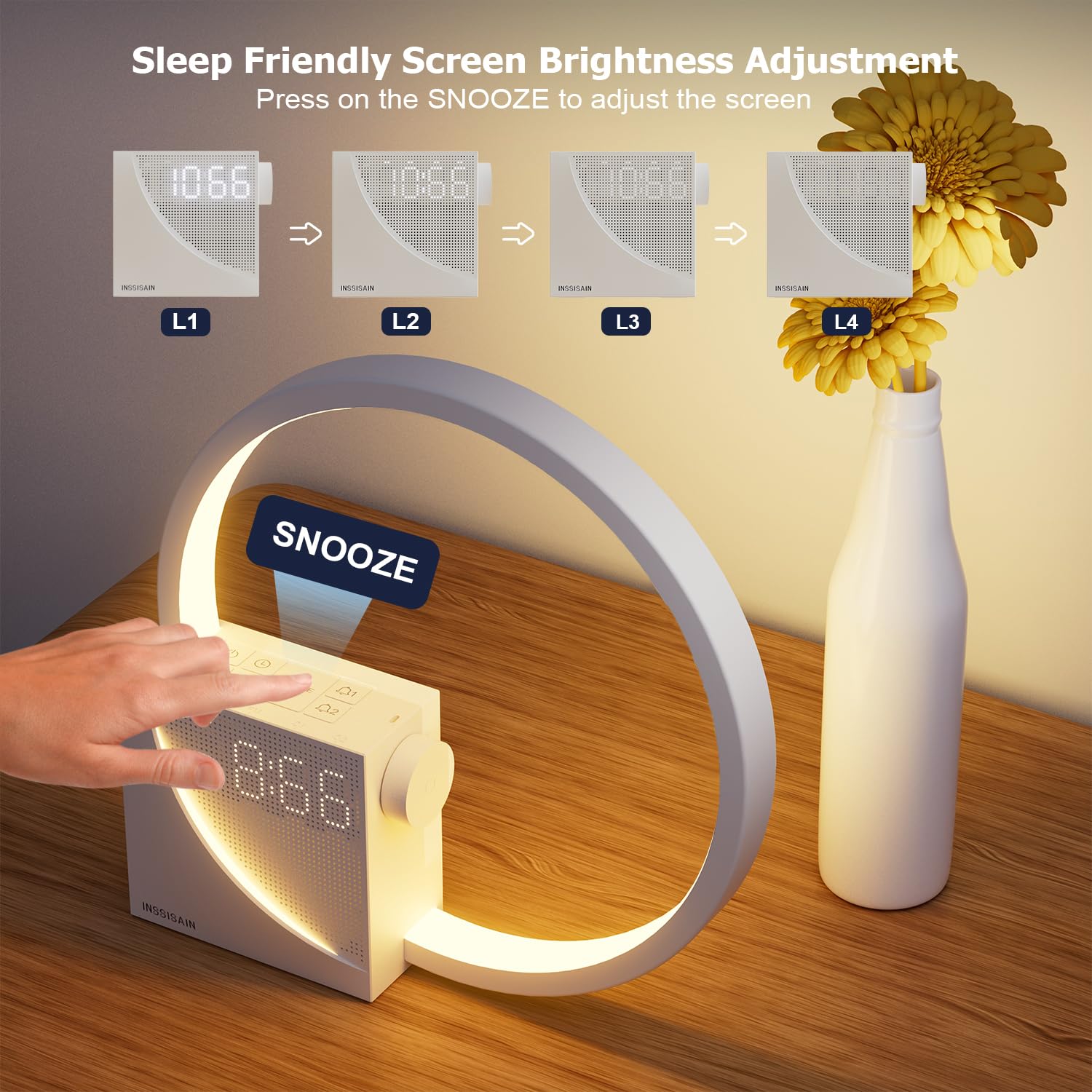 Lámpara De Cabecera De 10w, 2 Despertador, 10W Puertos de Carga USB, Luz Nocturna de 3 Niveles de Brillo,10 Sonidos Naturales,Ayudar a Dormir a Bebés Y Adultos (Beige)
