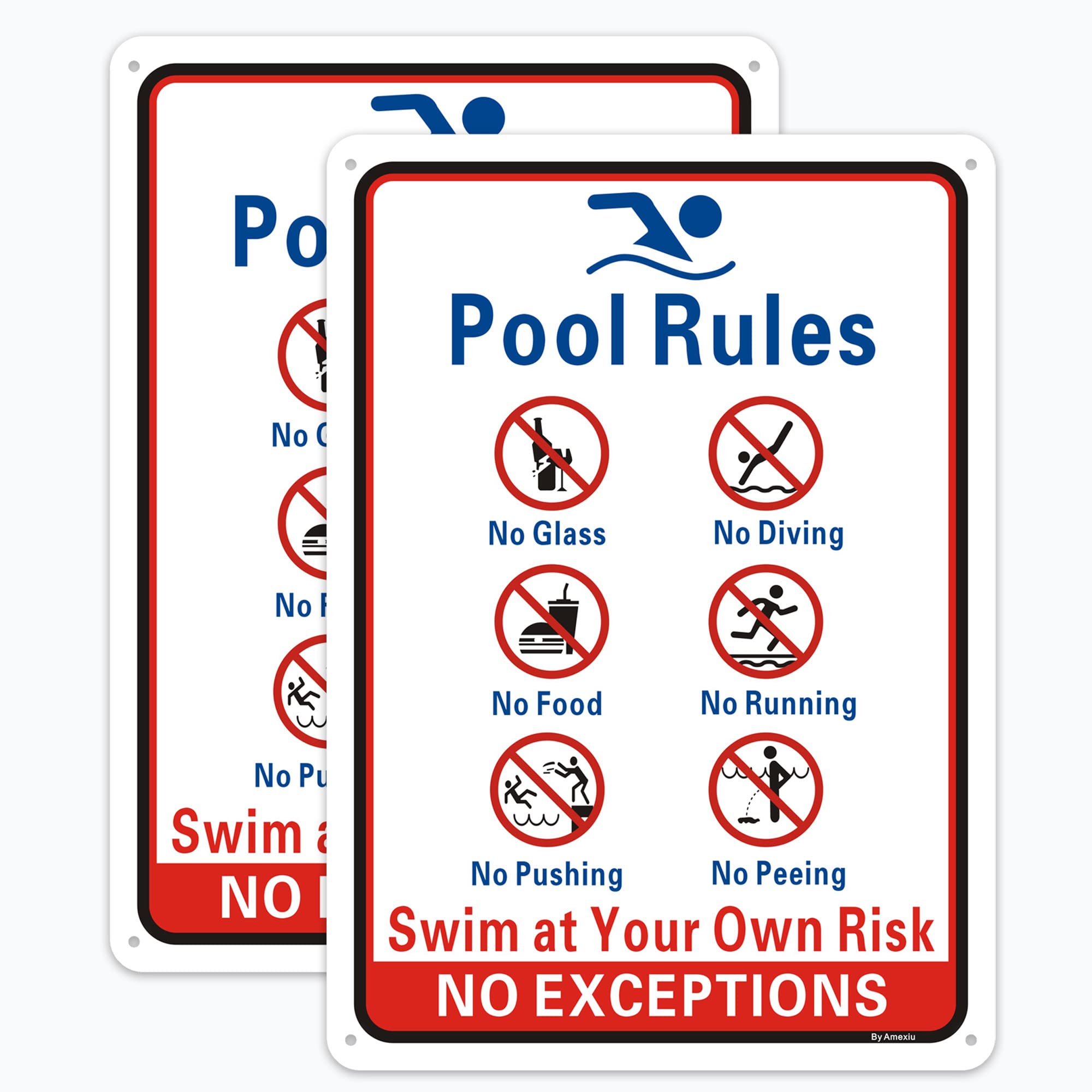 Pool Rules Sign, No Diving No Glass Metal Sign, No Food No Pushing No Running No Peeing in Pool Swim at Your Own Risk Signs, 14 x 10 Inches Rust Free