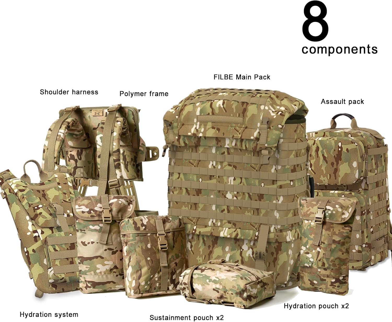 MT FILBE 100L Modular Rucksack System Military Ruck with External ABS Frame, Detachable Assault Pack & Hydration Carrier