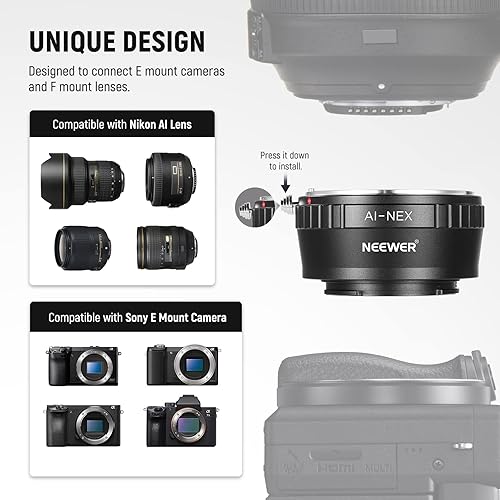 Miniatura 2 de NEEWER Adaptador de montaje de lente con anillo de enfoque manual compatible con lente Nikon AI a cámara Sony E, compatible con Sony Alpha 1 A9 A7