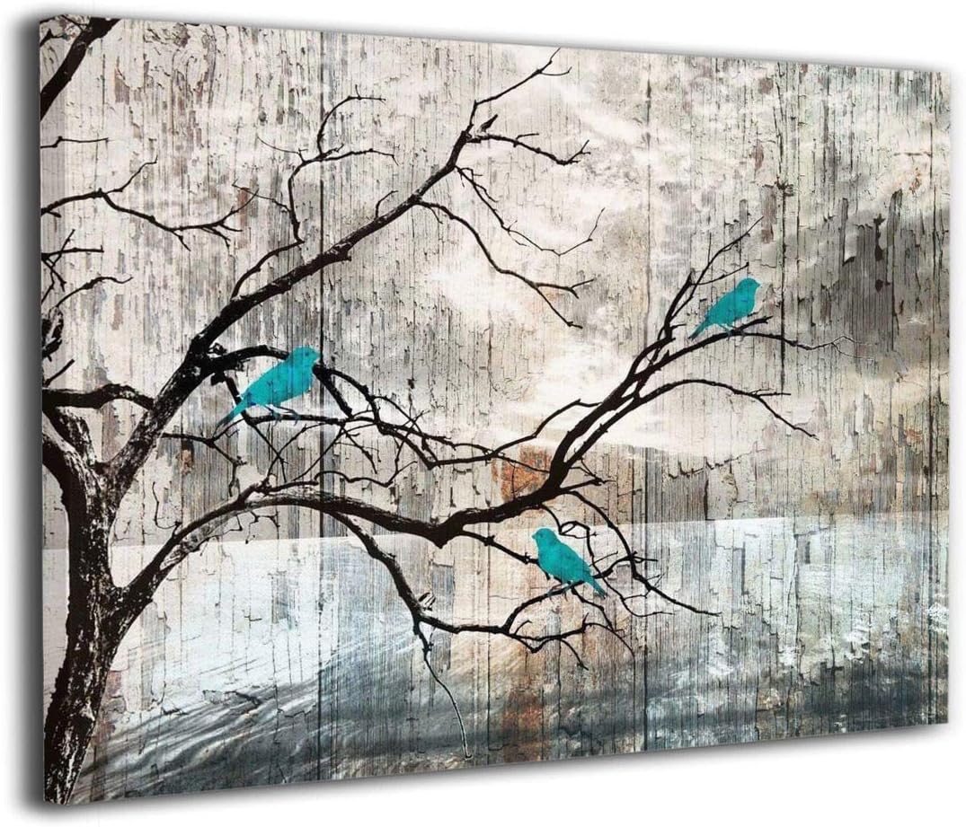 Amonee 16"x20" Canvas Wall Art Print Rustic Teal Brown Rustic Birds On Tree Branch Framed Canvas Pictures Prints Contemporary Artwork Ready to Hang for Home Decoration Wall Decor