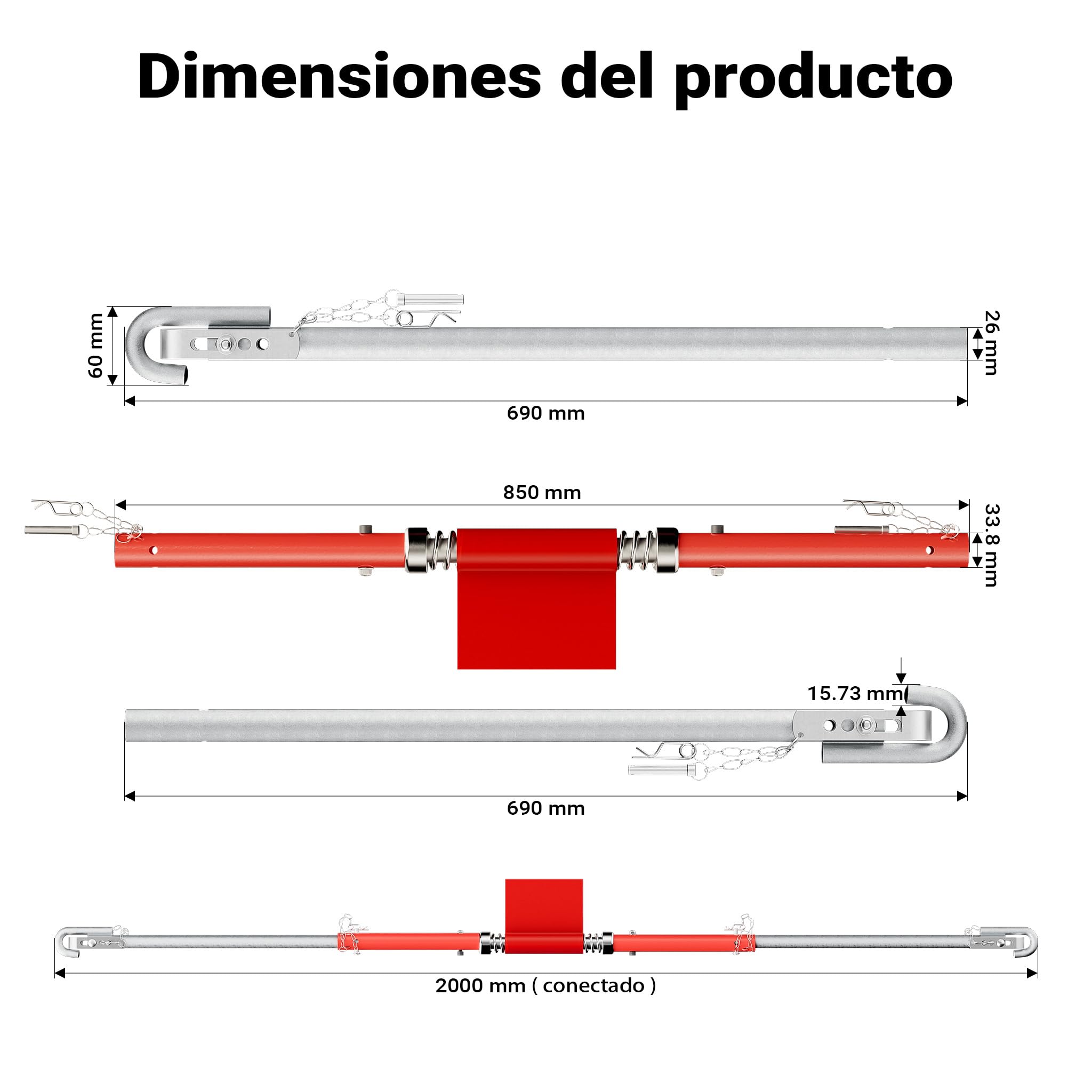 WilTec Barra de Remolque hasta 3 toneladas Barra Seguridad con Amortiguador 2m 3 Piezas