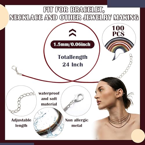 Miniatura 58 de Tudomro 100 piezas de collar de cuero encerado a granel con cierre, collar, pulsera, cadenas, cuerda para hacer joyas, colgantes