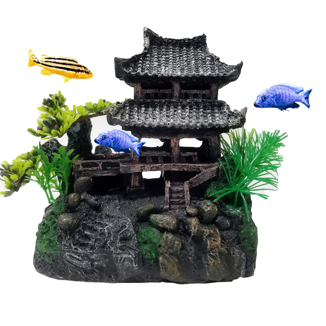 Panker Aquarium Castle Decor, Oriental Style Tower Fish Tank Ornaments, Small Fish Hideouts Hide Caves House, Traditional Chinese Garret Castle Fish Tank Scenery Landscape