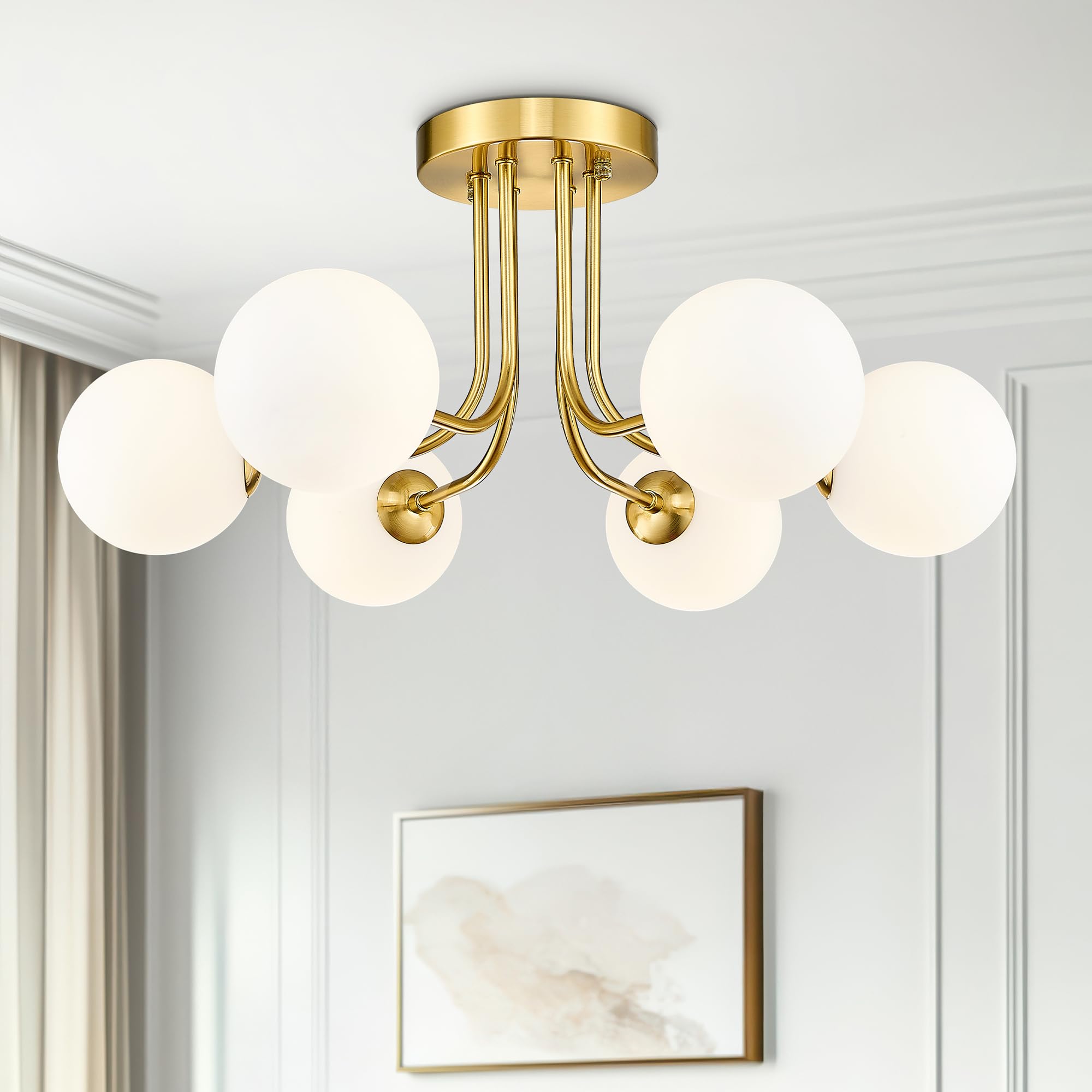 Gold flush mount ceiling light in modern farmhouse design features 6 frosted glass shades, perfect for the living room, bedroom or dining room.Model: CKCL4845-image-8