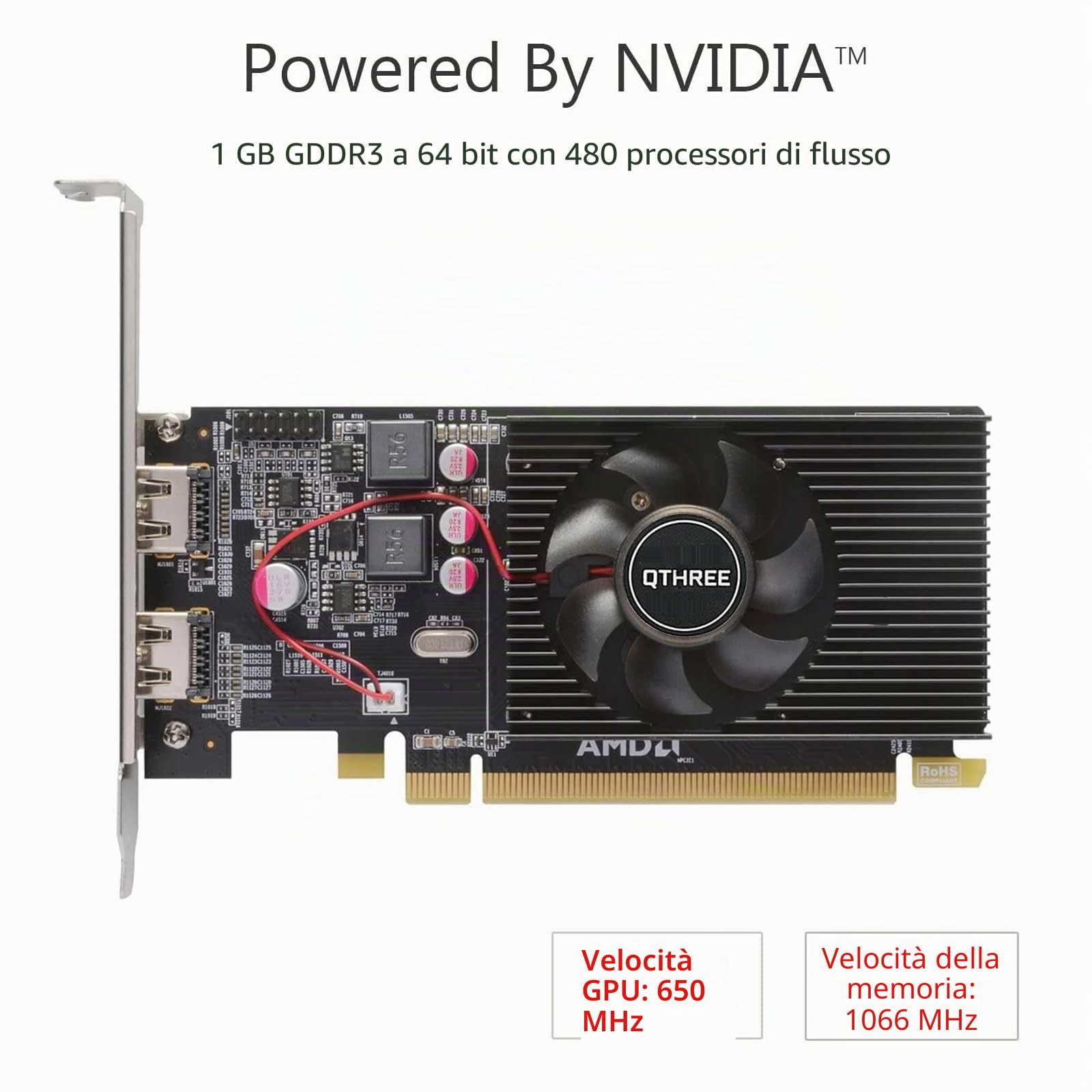 QTHREE Radeon HD 6570 1GB DDR3 2X HDMI Scheda Video, Low Profile, PCI-Express 2.0 x16, Computer GPU, Graphics Card for PC