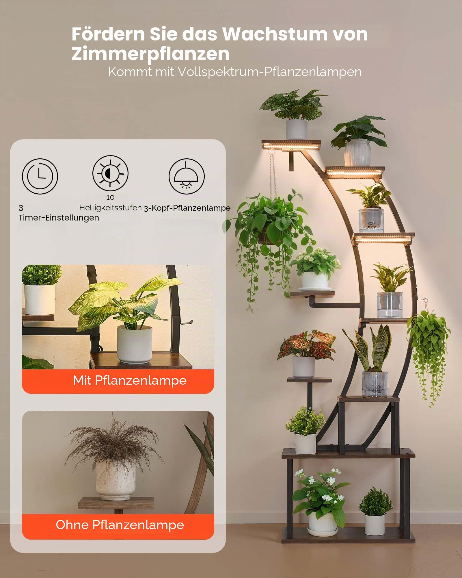 VEVOR Pflanzenständer mit Wachstumslicht, Blumentreppe mit 9 Ebenen, Blumenständer aus Metall, 3 Timer- & 10 Helligkeitsstufen, Blumenregal für die Dekoration von Wohnzimmer & Balkon, 62x28x160 cm