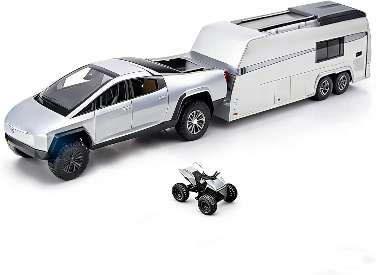Toy Car Alloy Truck Set with Trailer and Motorcycle Cyberpickup Toy with Sound and Light Effect Pull Back Vehicle RV Toy EV Model Ideal Gift for Kids Boys Girls Adult Age for 3+