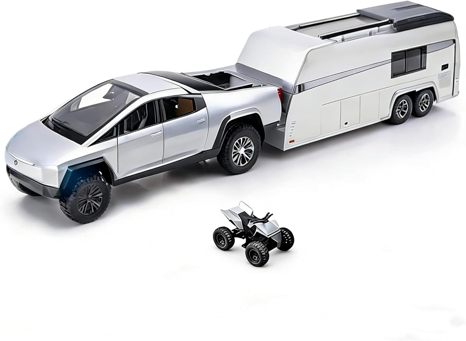 Toy Car Alloy Truck Set with Trailer and Motorcycle Cyberpickup Toy with Sound and Light Effect Pull Back Vehicle RV Toy EV Model Ideal Gift for Kids Boys Girls Adult Age for 3+