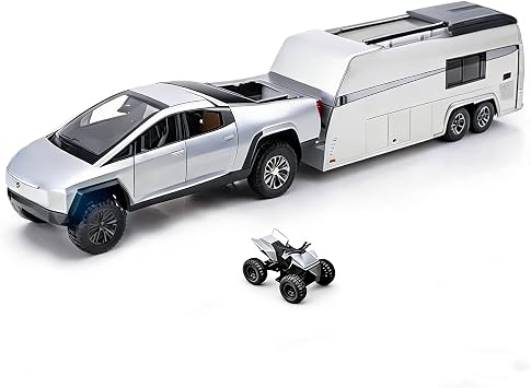 Toy Car Alloy Truck Set with Trailer and Motorcycle Cyberpickup Toy with Sound and Light Effect Pull Back Vehicle RV Toy EV Model Ideal Gift for Kids Boys Girls Adult Age for 3+