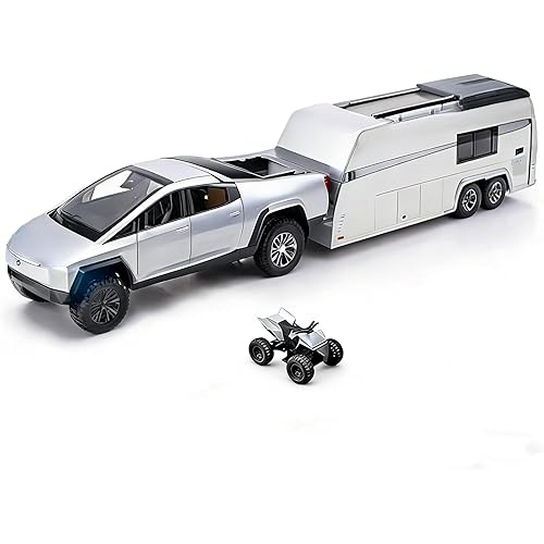 Toy Car Alloy Truck Set with Trailer and Motorcycle Cyberpickup with Sound and Light Effect Pull Back Vehicle RV Toy Model Ideal Gift for Kids Boys Girls Adult Age for 3+