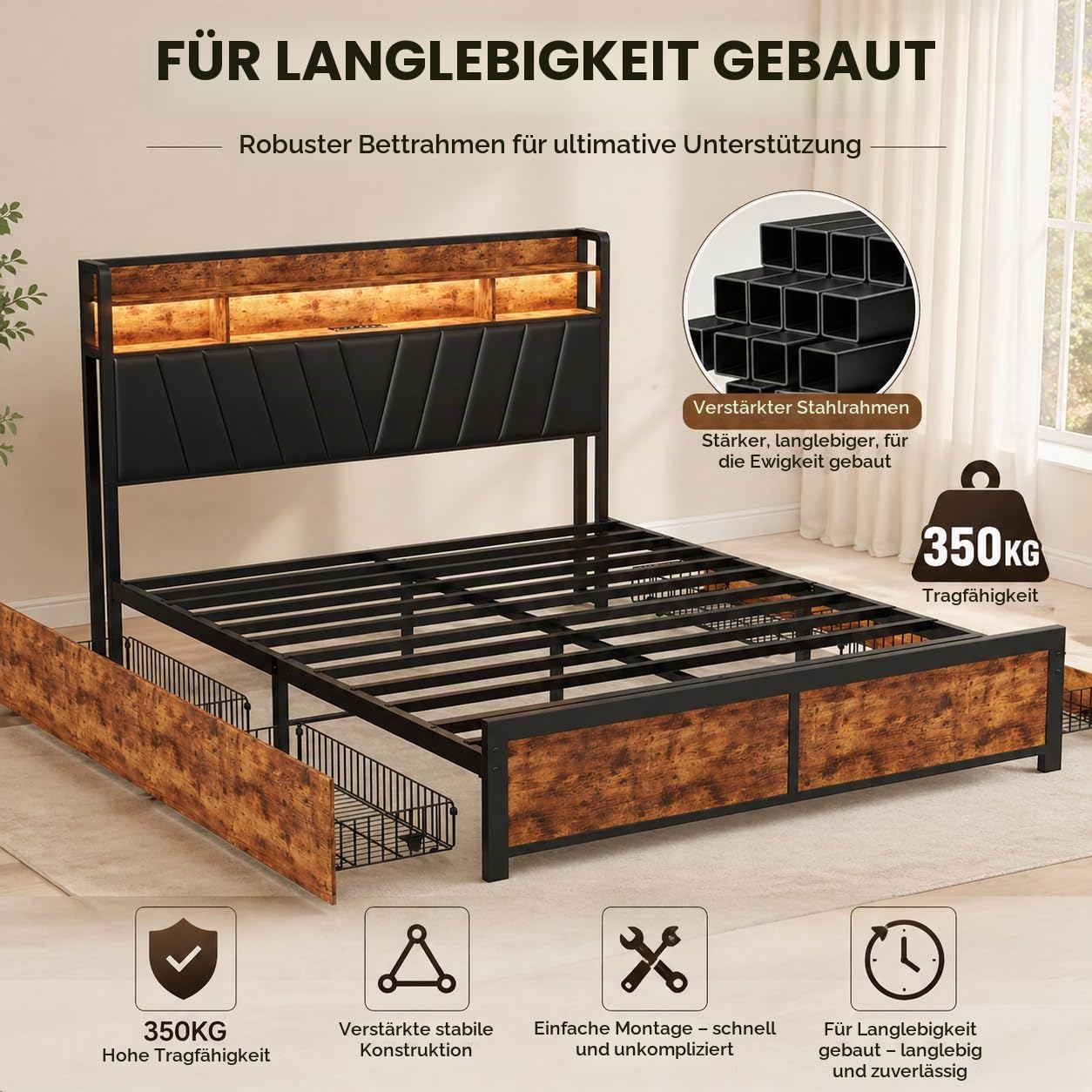 BRILVERDE Metallbett 140x200 mit LED, Stauraumbett mit 4 Schubladen, Doppelbett mit Stauraum Kopfteil, Jugendbett mit Lattenrost, Industriebettgestell, PU, Ohne Matratze (Schwarz, 140 x 200 cm)