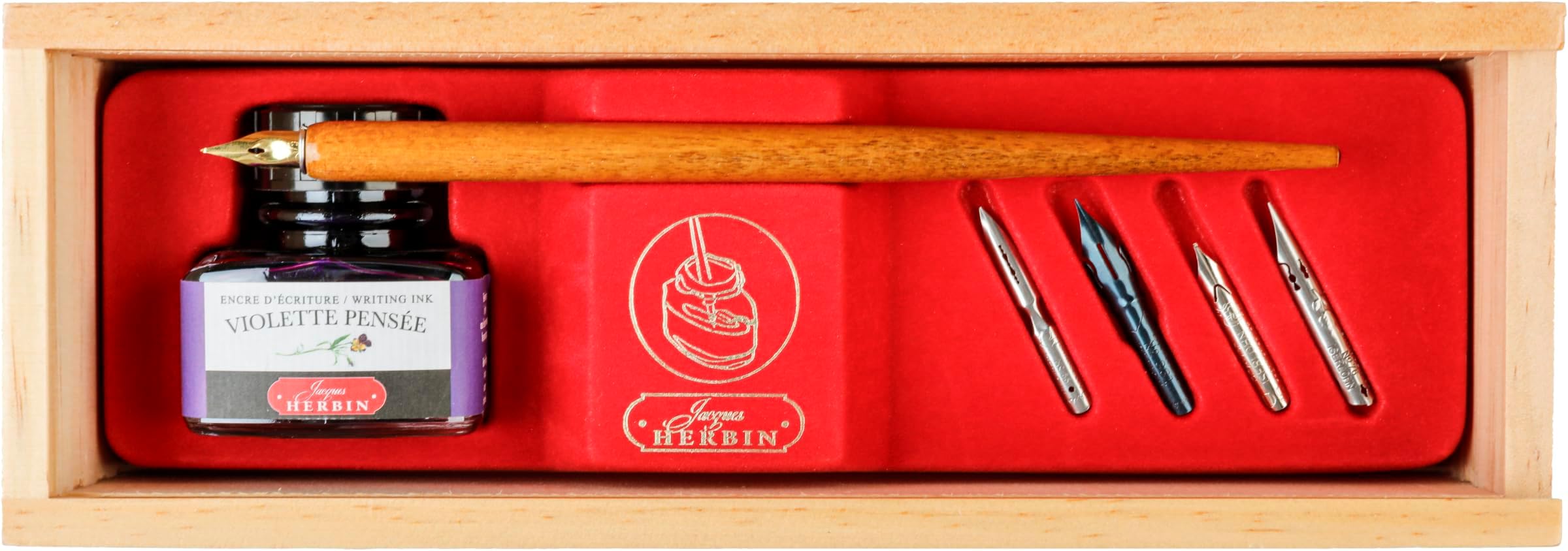27077T - Wooden box "Violette pensée/Violet pansy'' including a wooden nib holder, 5 metal nibs, a 30 ml ink bottle and instructions