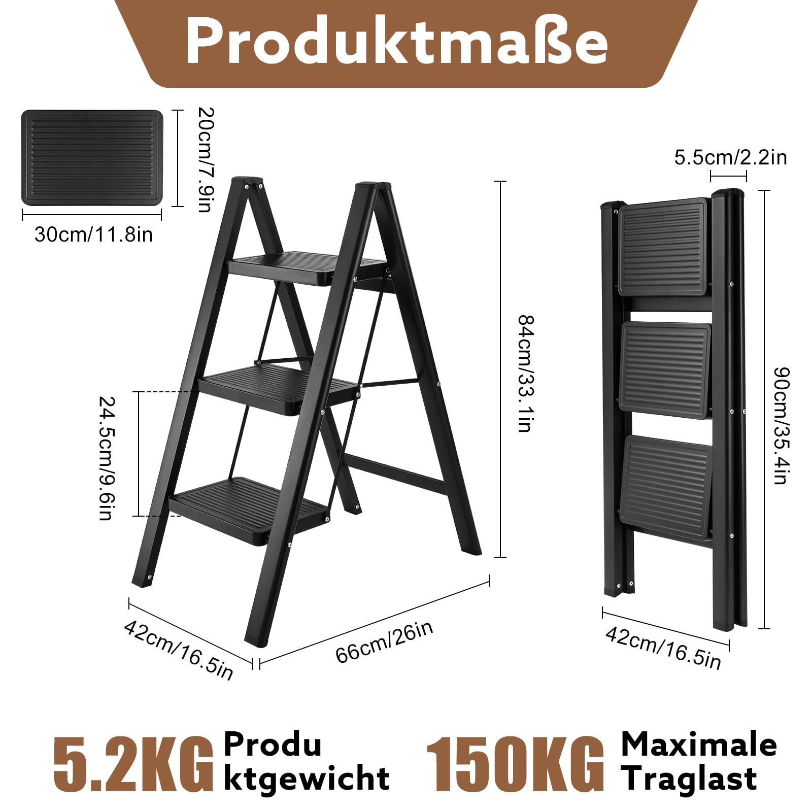 Trittleiter 3 Stufen Klappbar, rutschfeste Leiter, Tragbar klapptritt, Kleine Leiter mit Verbreitertem Pedal, Klappleiter Belastbar bis 150 kg, Haushaltsleiter für Haushalt und Küche, Schwarz