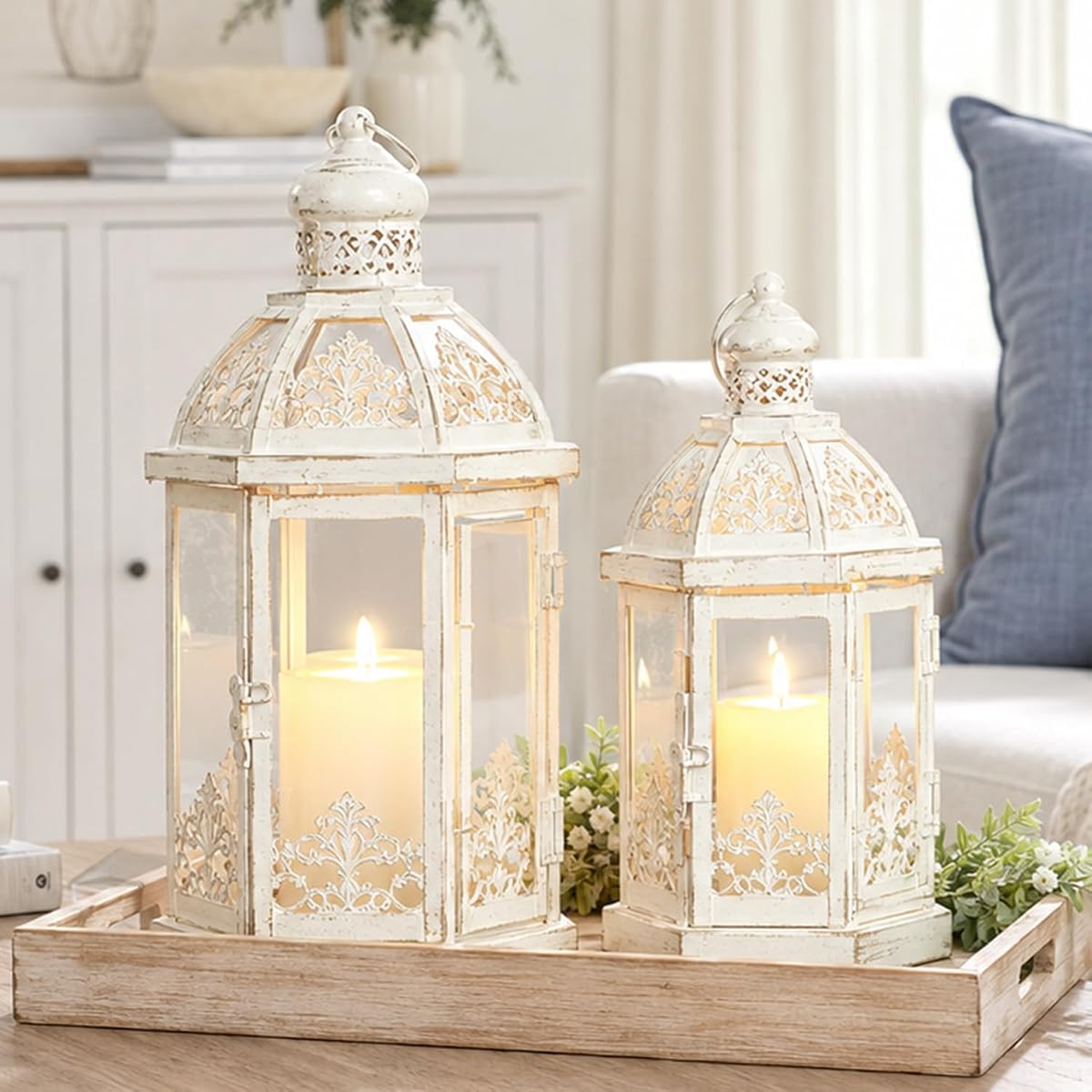 Lanterns Decorative Outdoor&Indoor, Set of 2 (15"&11") Beige Metal Lantern Decor with Glass, Candle Holder for Porch, Patio, Garden, Fall, Wedding, Christmas, Table Centerpiece