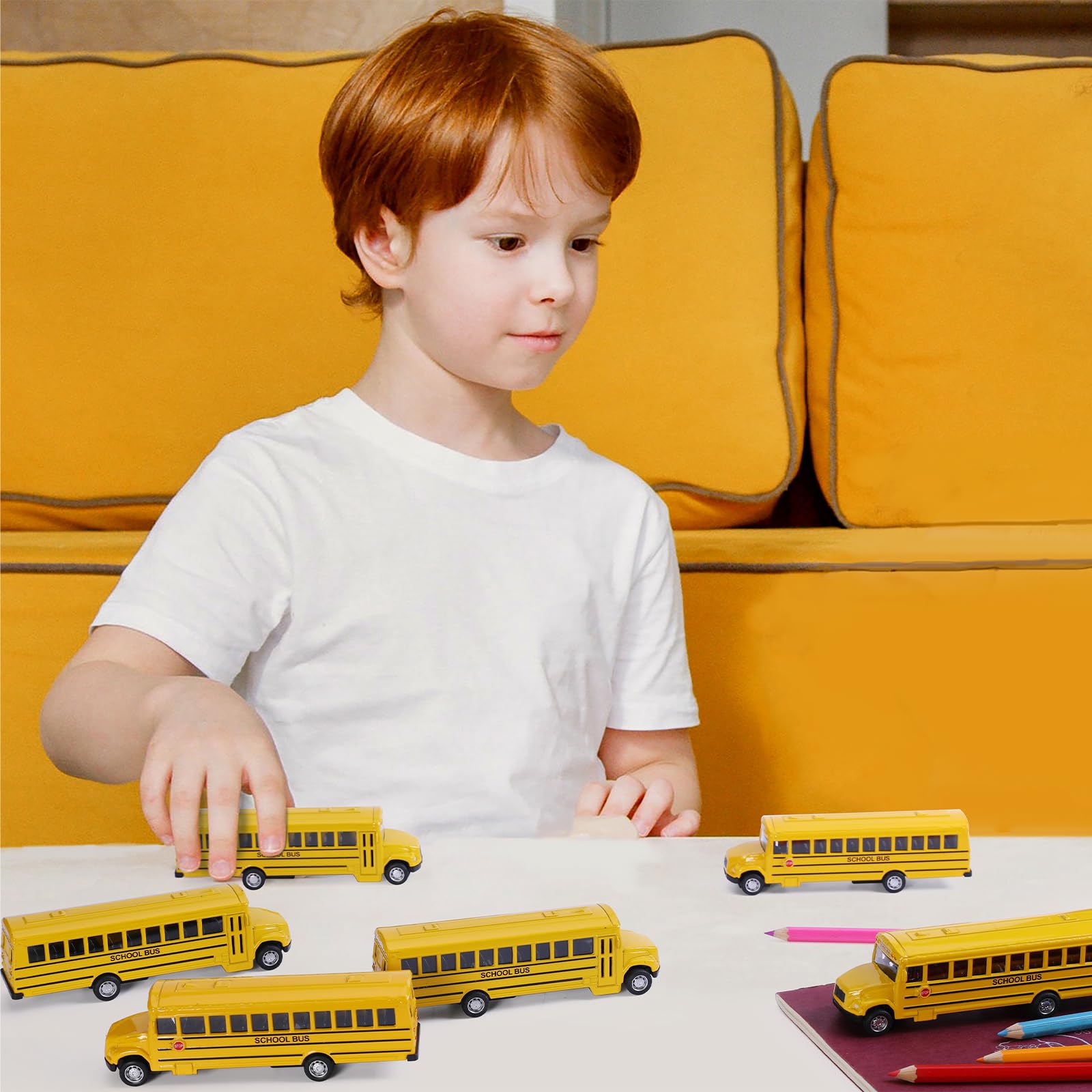 Paquete de 2 juguetes de autobús escolar amarillo brillante, 5.5 pulgadas, vehículos de juguete de fricción de metal fundido a presión para niños y niñas 7