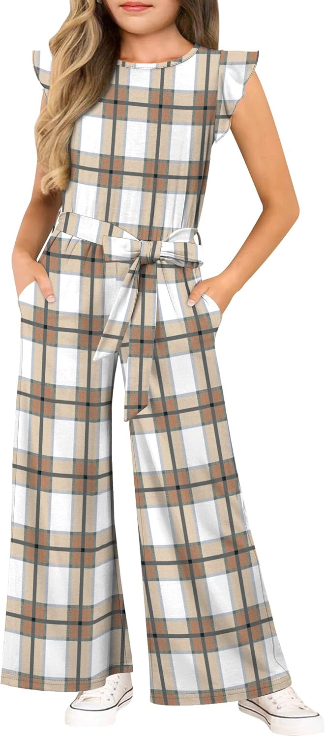 Yoklass Jumpsuit for Girls Casual Cap Sleeve Romper Belted Wide Leg One Piece Outfit - Image 2