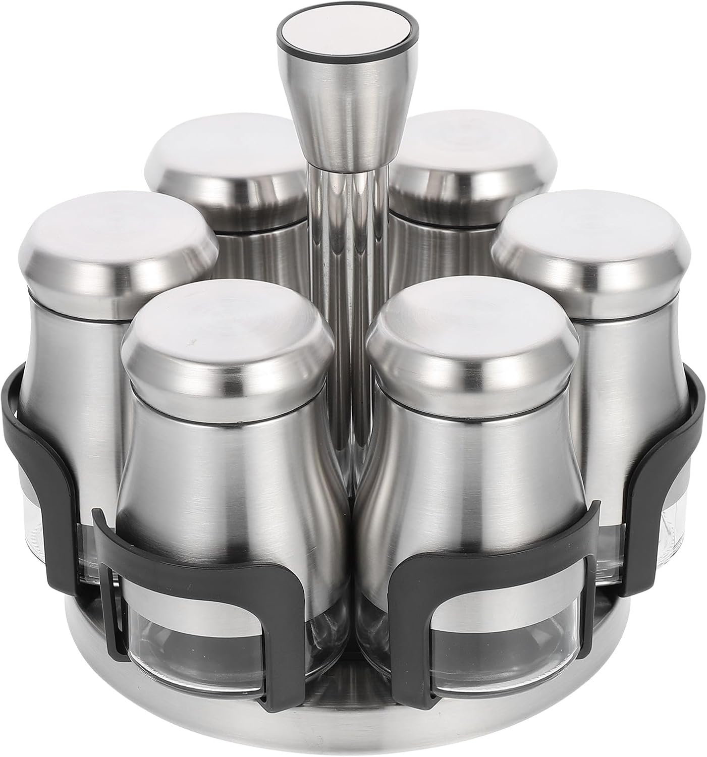 6pcs Stainless Steel Seasoning Jars Set with Organizer Rack Salt Sugar Pepper Shakers Kitchen Spice Bottles for Home Cooking
