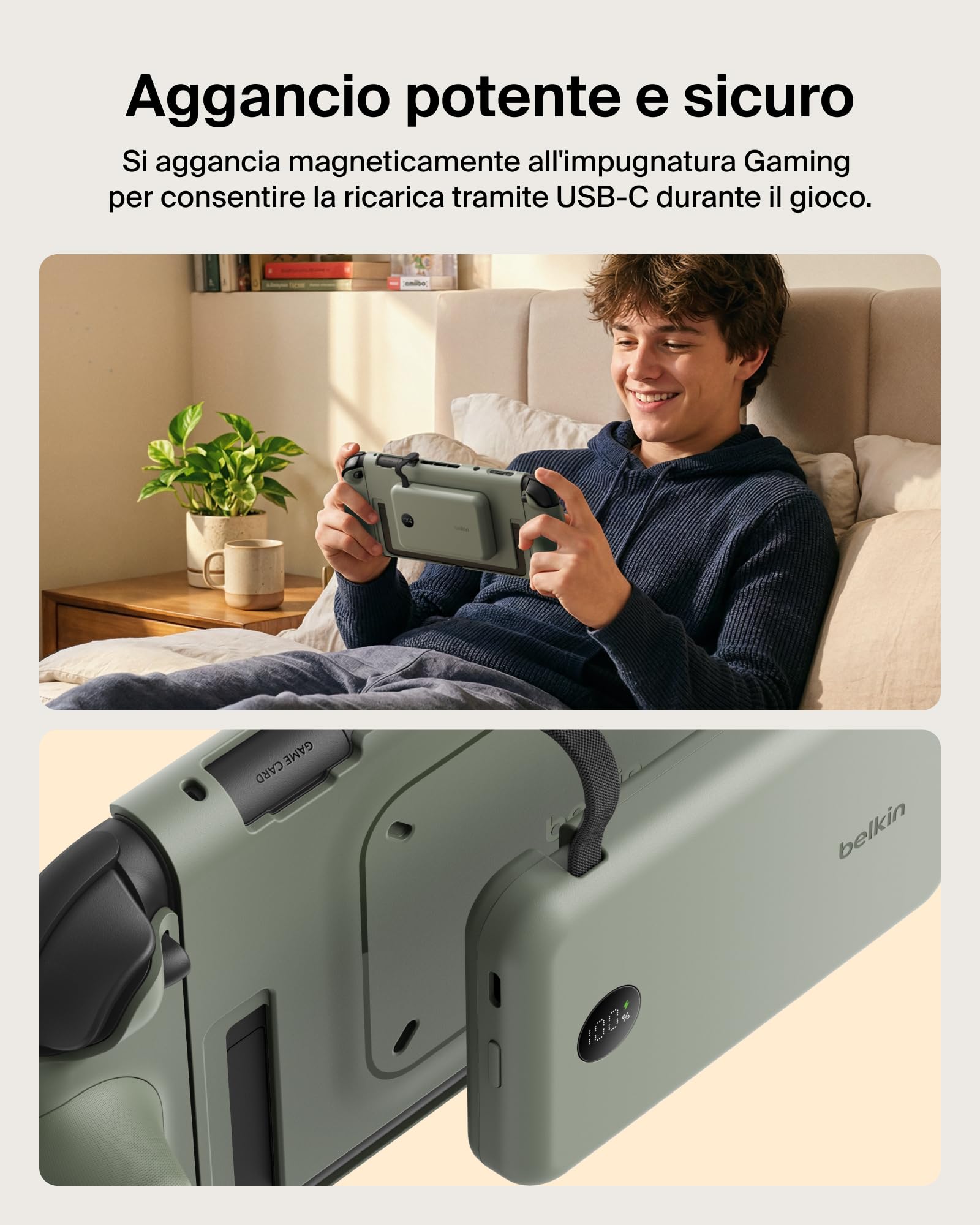 Belkin Gaming Impugnatura Ricarica Nintendo Switch 2, Power bank 10K, Verde | Caricatore Portatile 10000mAh, 30W, Caricatore Magnetico, Compatibilità Supporto, Maniglia Antiscivolo Ergonomica, Display