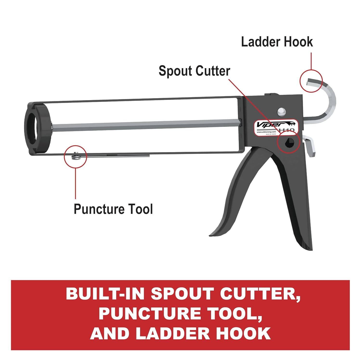Albion Engineering H10 Viper Line Manual Skeleton Cartridge Caulking Gun with Hex Rod, 1/10 Gallon (10 oz), 10:1 Drive