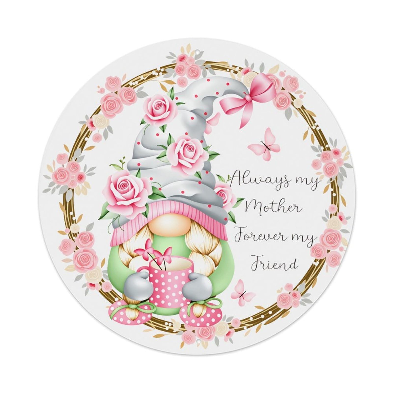 Floral Gnome Mother Friend Pattern Round Tin Sign Vintage Metal Poster Retro Bar, Home, Man Cave, Kitchen, Laundry Room Wall Art Decor Gift 8x8Inch
