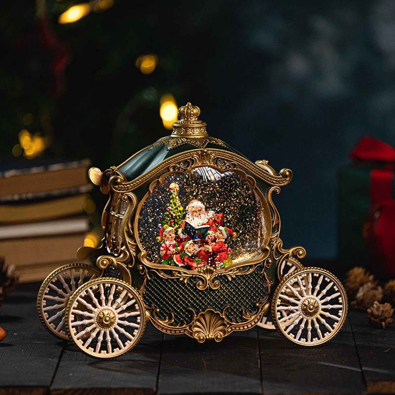 Globo di Neve Musicale con Carrozza Natalizia, Ideale Come Regalo per Le Feste, VERDE