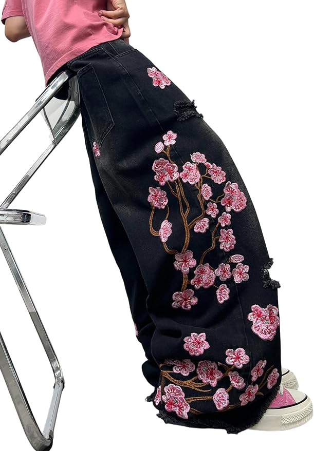 Baggy Embroidered Wide Leg Jeans