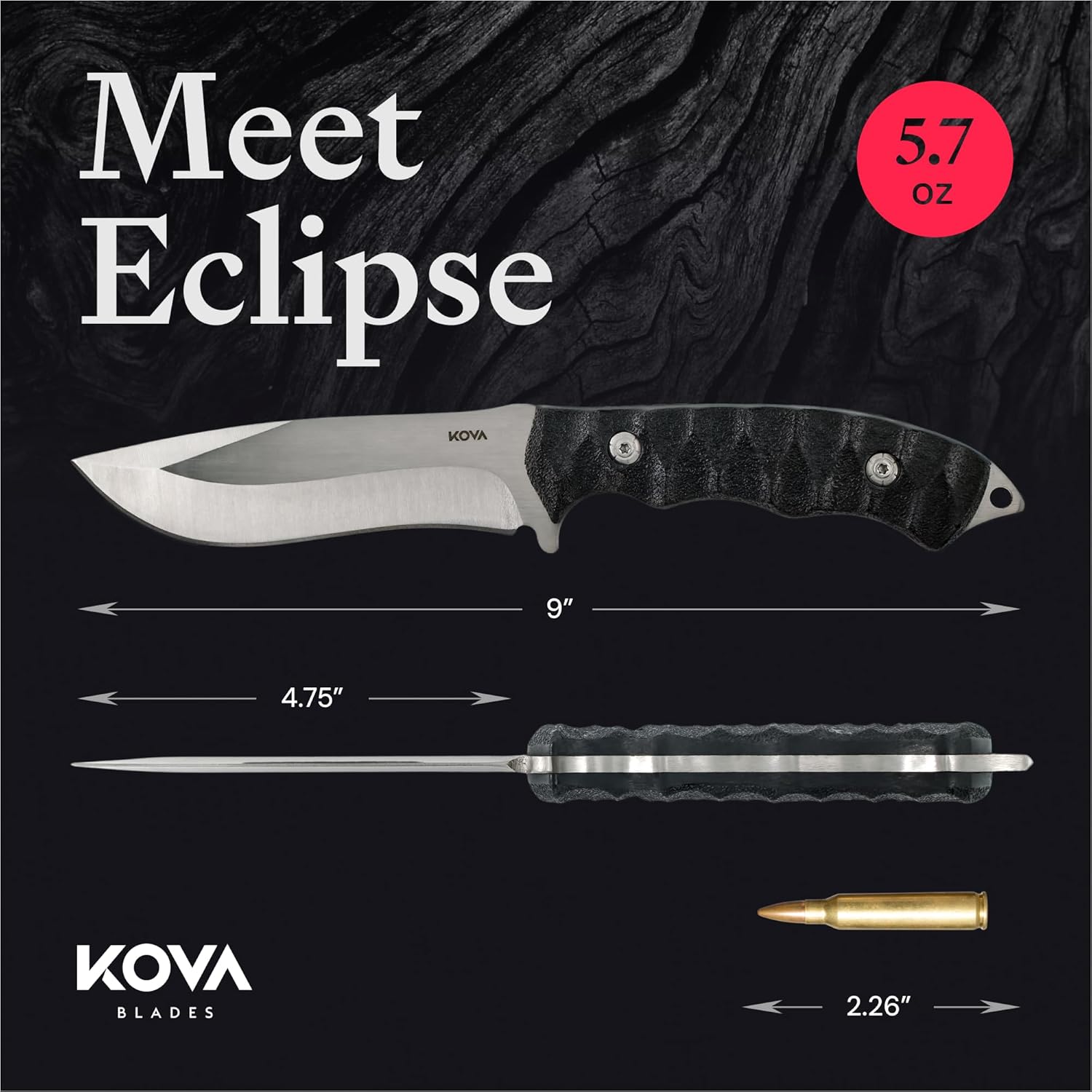 KOVA Personalized Eclipse Fixed Blade Knife – Clip Point Stainless Steel, G10 or Carbon Handle, Leather Sheath – Outdoor, Survival, Hunting, EDC, Gift-Ready, Custom Engraving – 9" Overall, 5.9 oz