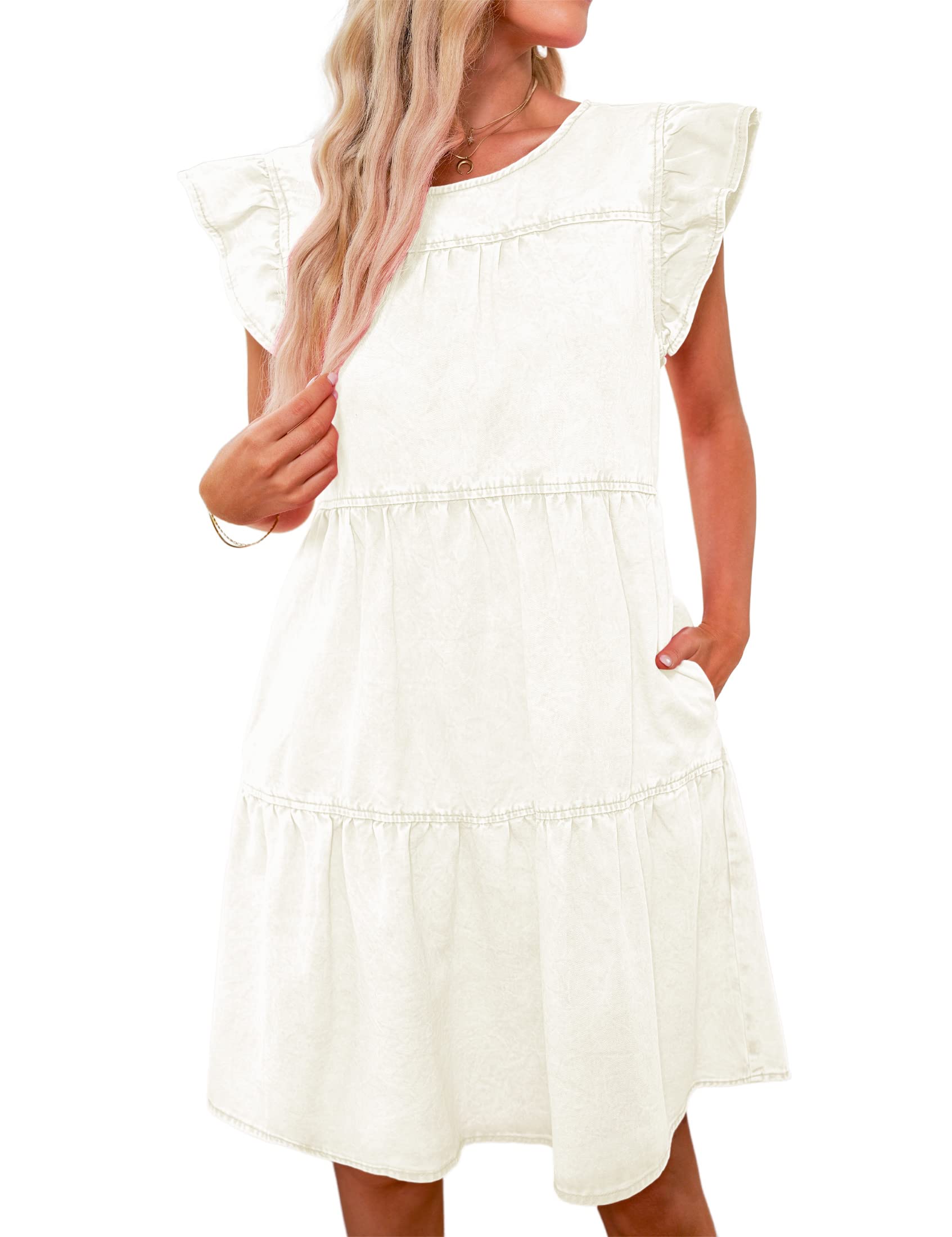 luvamia 2025 Denim Dress for Women Summer Babydoll Sleeveless Ruffle Sleeve Mini Dresses Loose Flowy Swing Pleated Dress