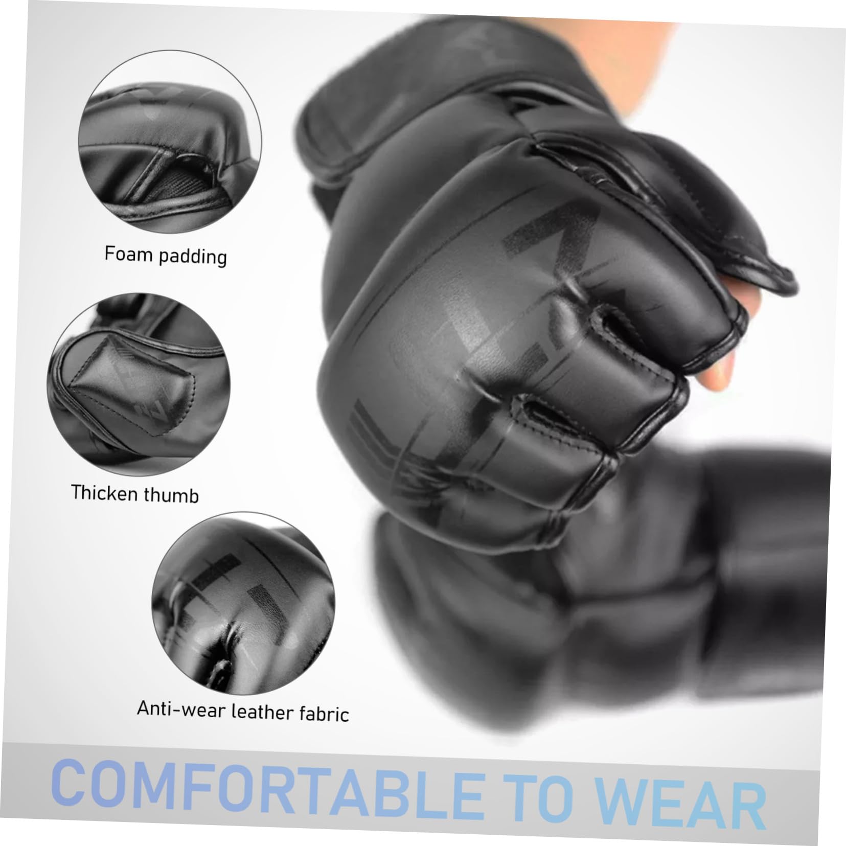 Guanti da Combattimento Mma Design a Mezza Dita, Protezione Mani per Sparring e Allenamento, Materiale Pu e Poliestere, Nero