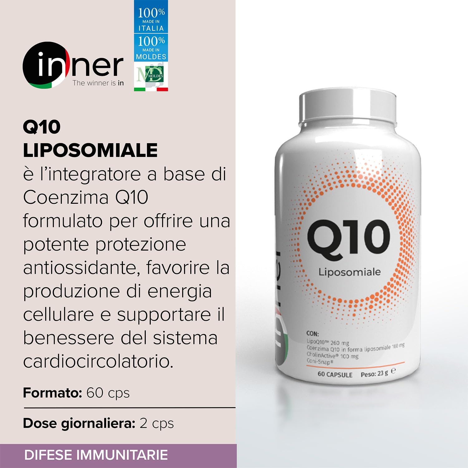 Inner Q10 Liposomiale 60 cps - Integratore Coenzima Q10 ad Alta Biodisponibilità per Azione Antiossidante, Energia Cellulare, Cuore e Performance