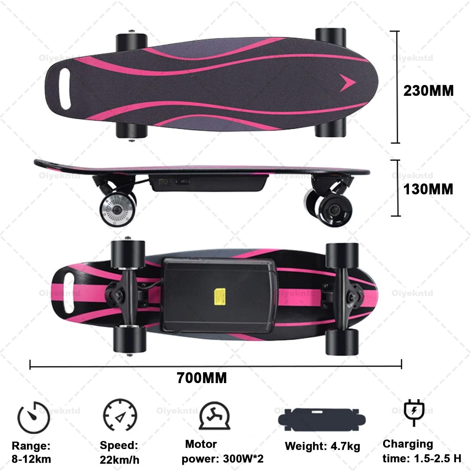 Skateboard électrique avec télécommande, vitesse maximale de 15 km/h, autonomie de 15 km, charge maximale de 60 kg, 4 vitesses, plateau en érable 8 plis - Longboard électrique pour tous Orange