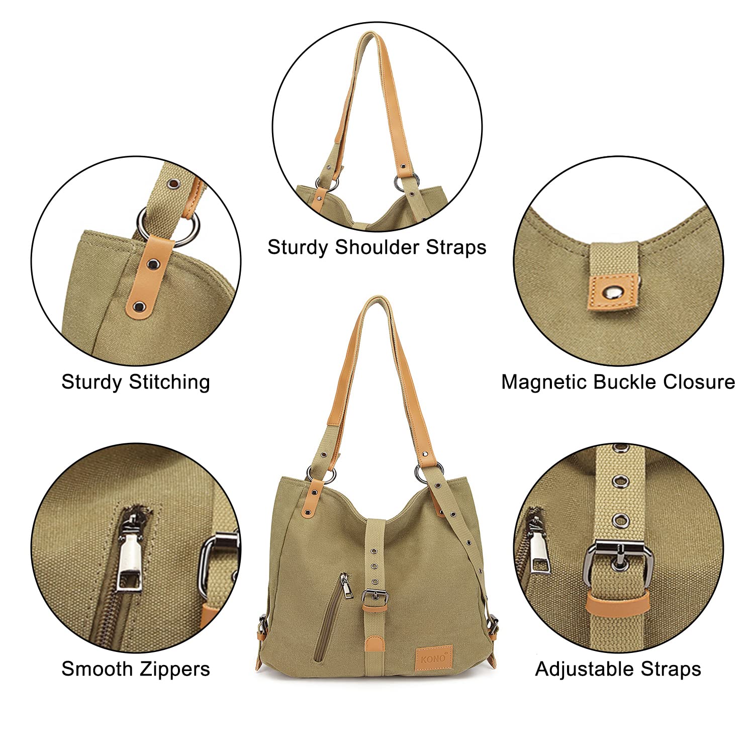 Kono Mochila de Bandolera, Bolso de Lona Versátil y Multifuncional, Elegantes Bolsos Cruzados, Gran Capacidad Mochila Duradera para Viajes de Gran Capacidad para Mujeres Niñas(Khaki)