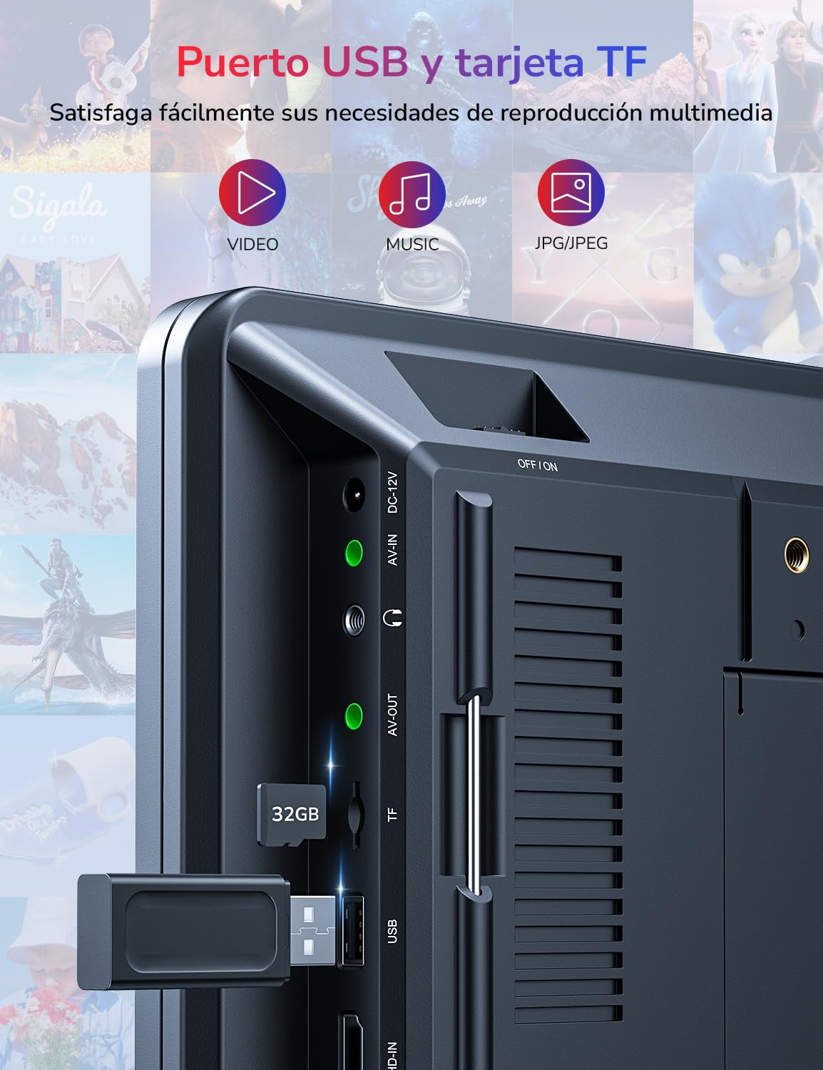 Reproductor de DVD Portátil para Automóvil 10,5" con HDMI, Batería Recargable, USB/TF